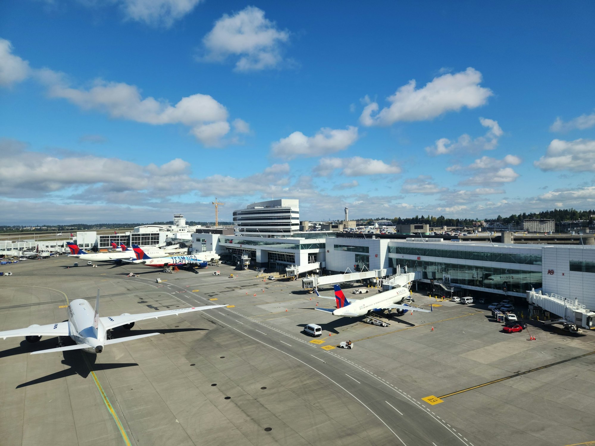 Jets parked at Seattle-Tacoma airport terminal gates under blue sky, control tower behind