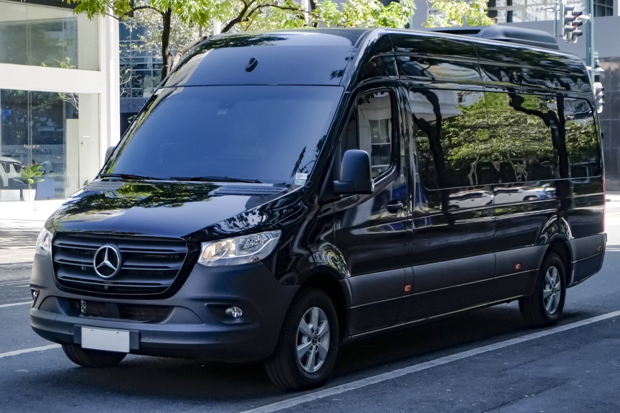 Black high-roof executive passenger van with tinted windows parked on a sunny city street
